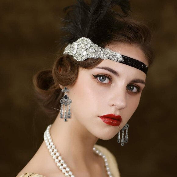 1920s Flapper Accessories Set Womens Costume Headband Gloves Pearl - Picture 7 of 7